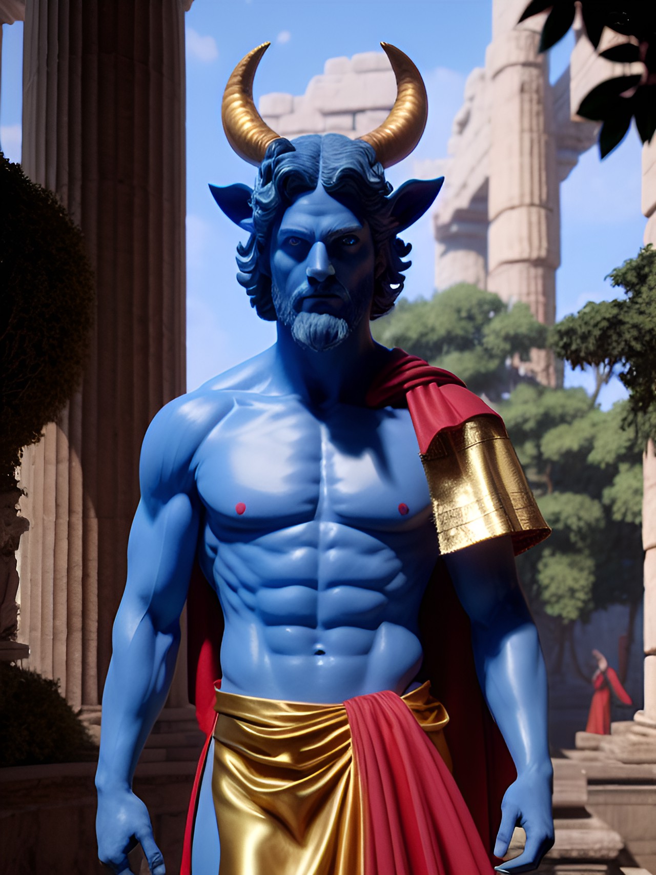 Cirque Templar - ancient greek man satyr wearing toga, flat chest, highly detailed, 4k glowing blue eyes red cape preview