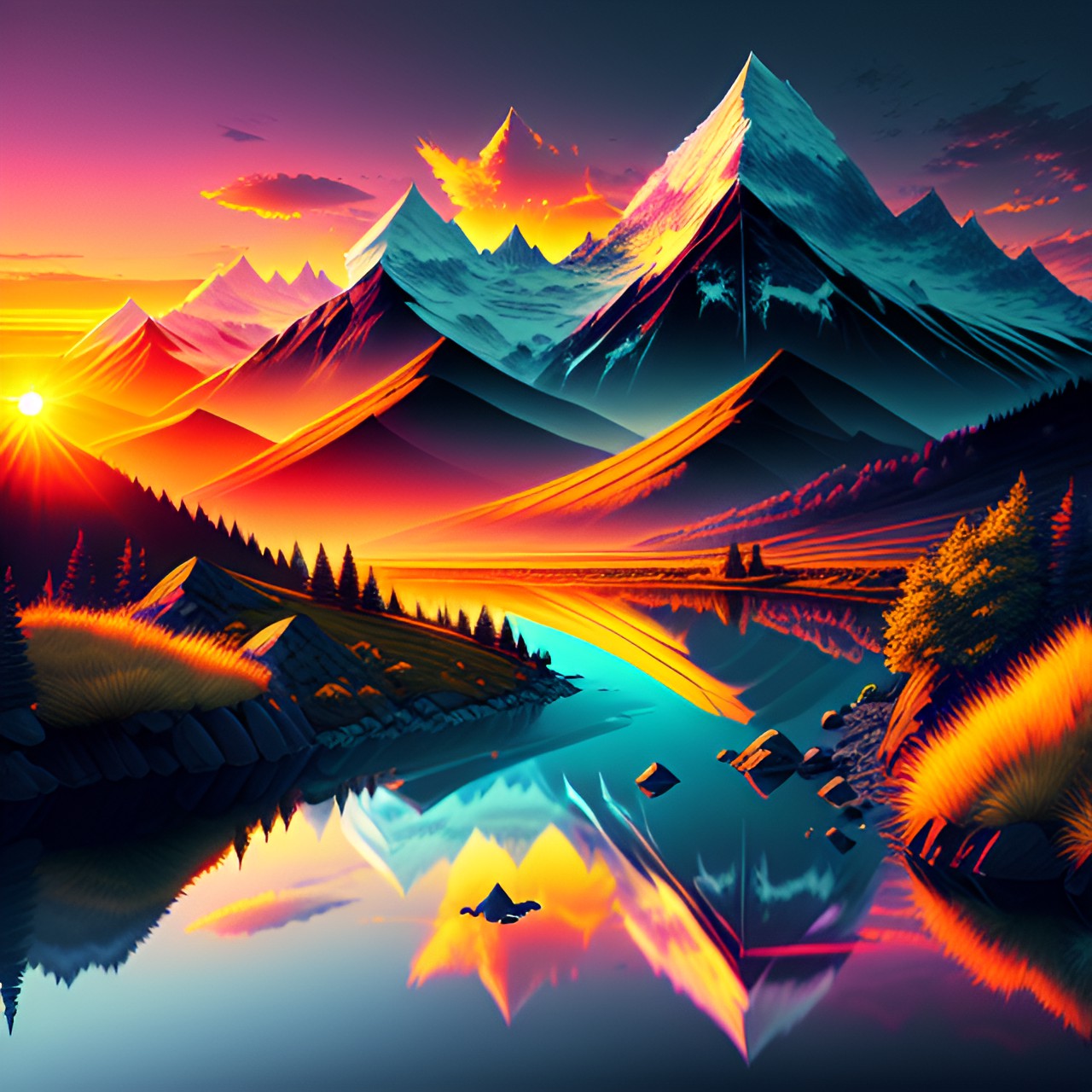 mountain scene with stream and sunset seamless image preview