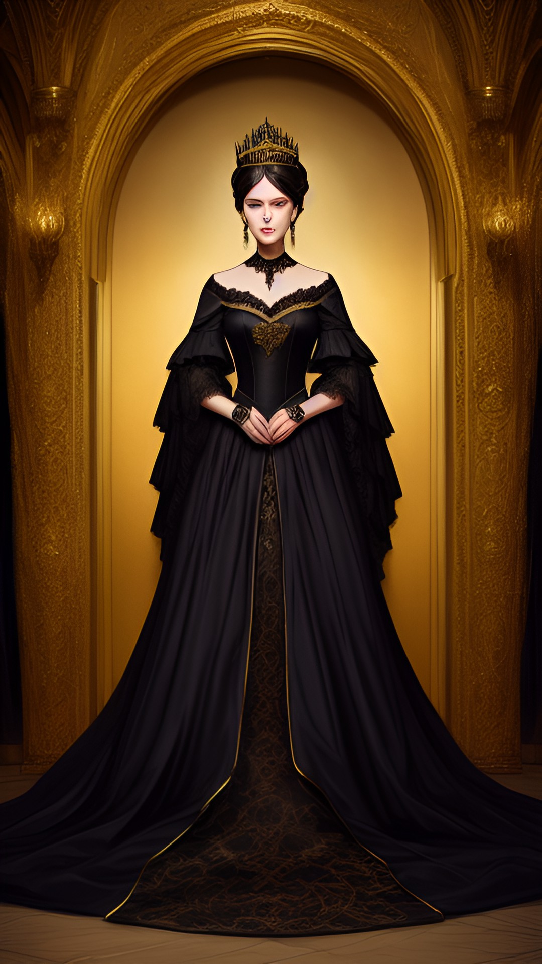 black gown with silk and lace worn by a woman with a black and gold tiara preview