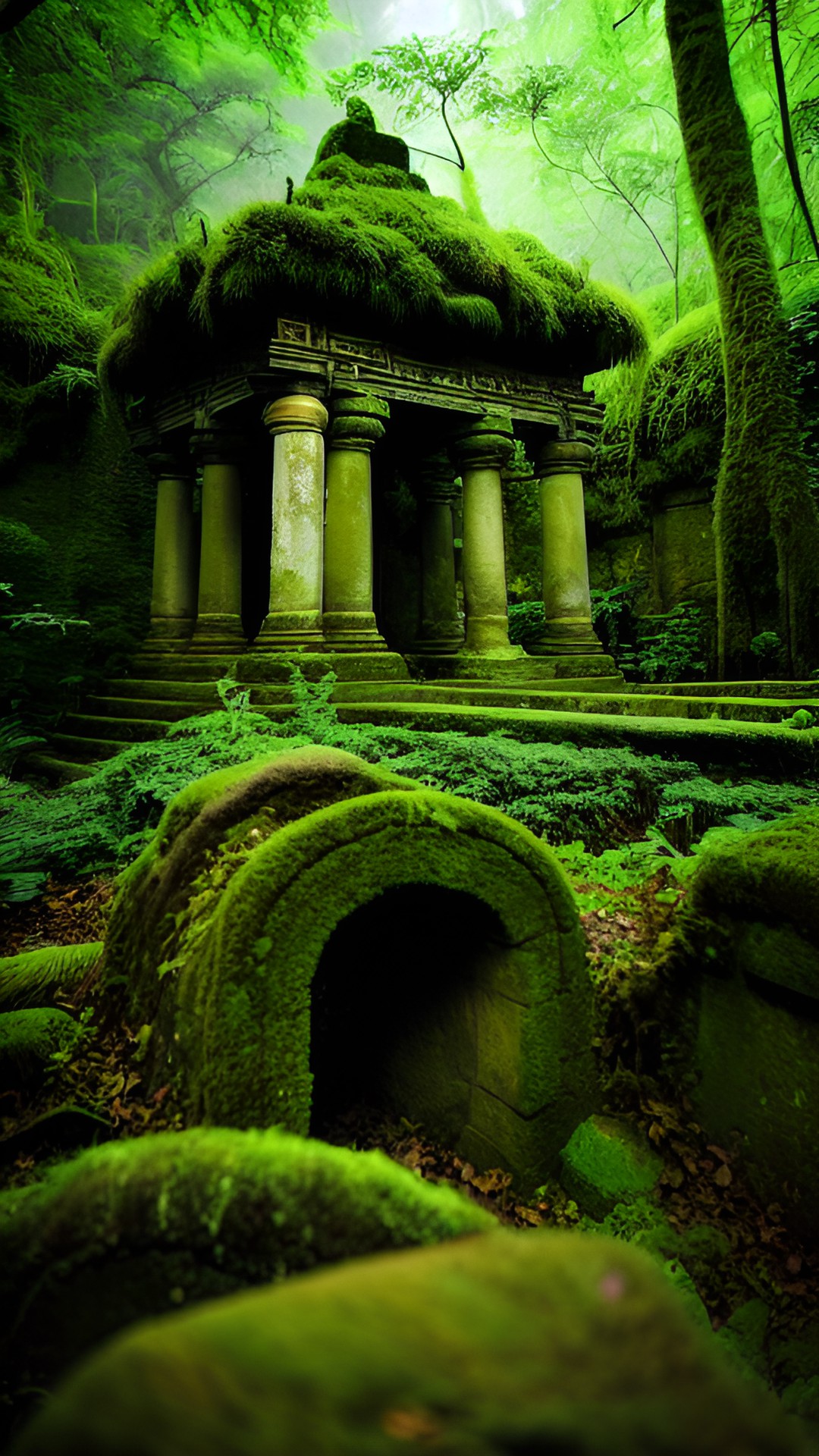 an forgotten temple - forgotten temple hidden in a lush forest. moss covers the ancient stone structure, vines curl around pillars, and a sense of mystery permeates the air. preview