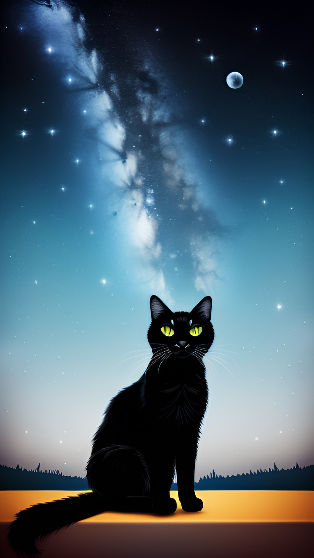 black cat with night sky full of stars behind it. with a shooting star. preview