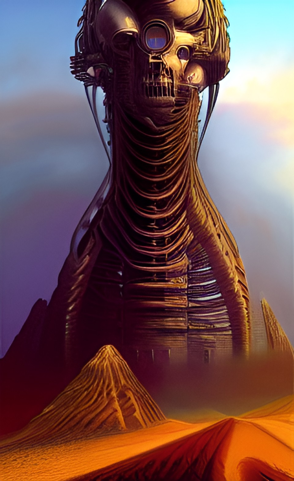 Remix of - panorama, view from low angle, portrait, digital art, android, humanoid being, artwork by h.r.giger & peter gric & didier laurence & jean-baptiste monge, dinamic composition $signature, watermark $ preview