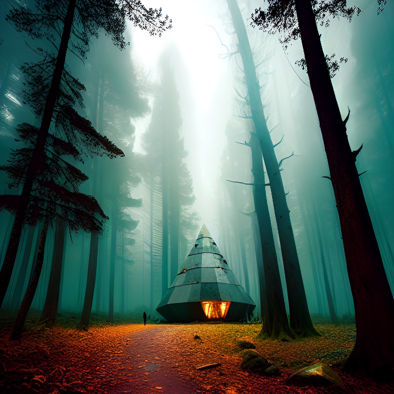 triangular ufo hovering in dark ancient forest preview