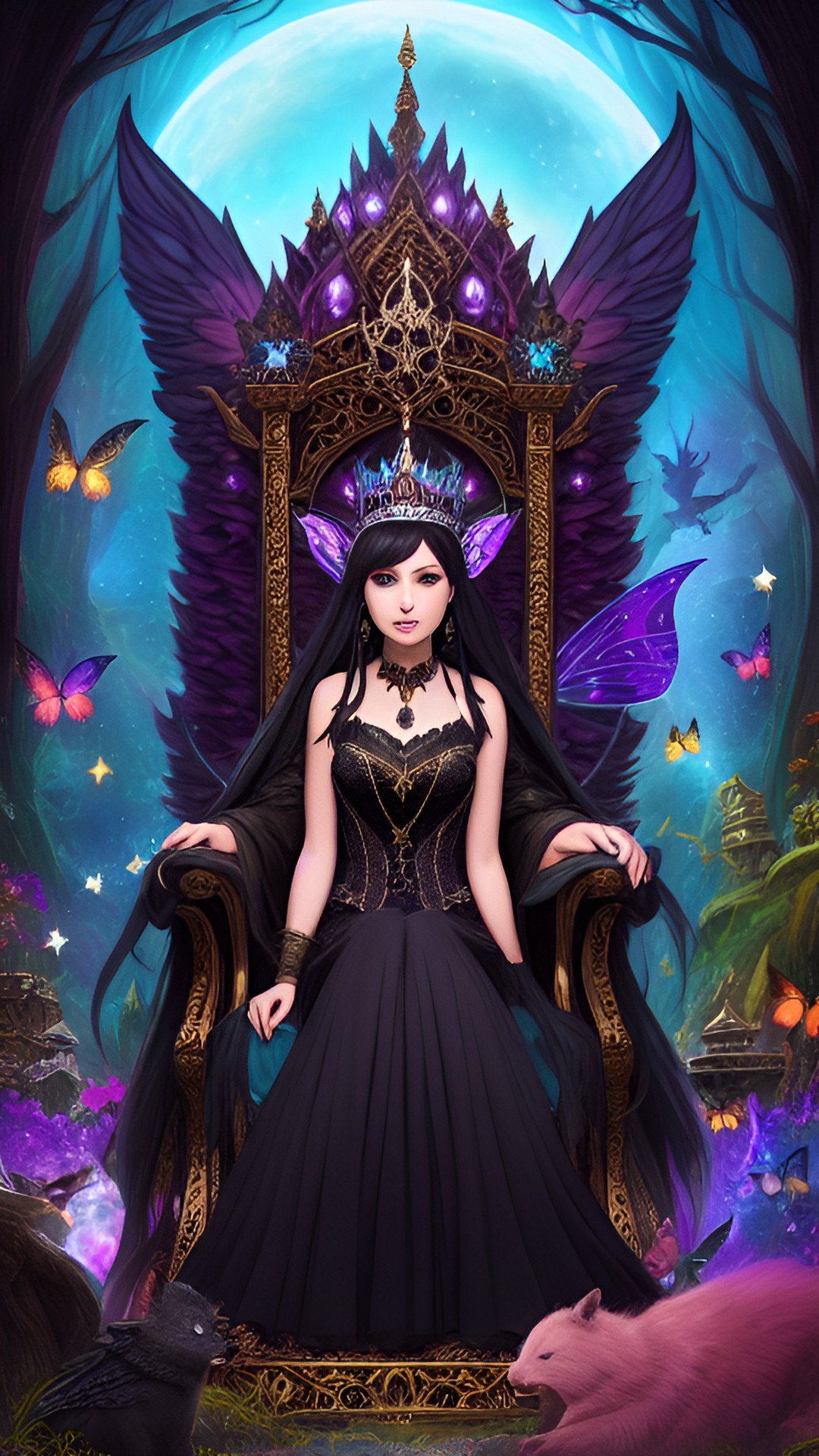 dark fairy queen sitting on a throne surrounded by mystical creatures. preview