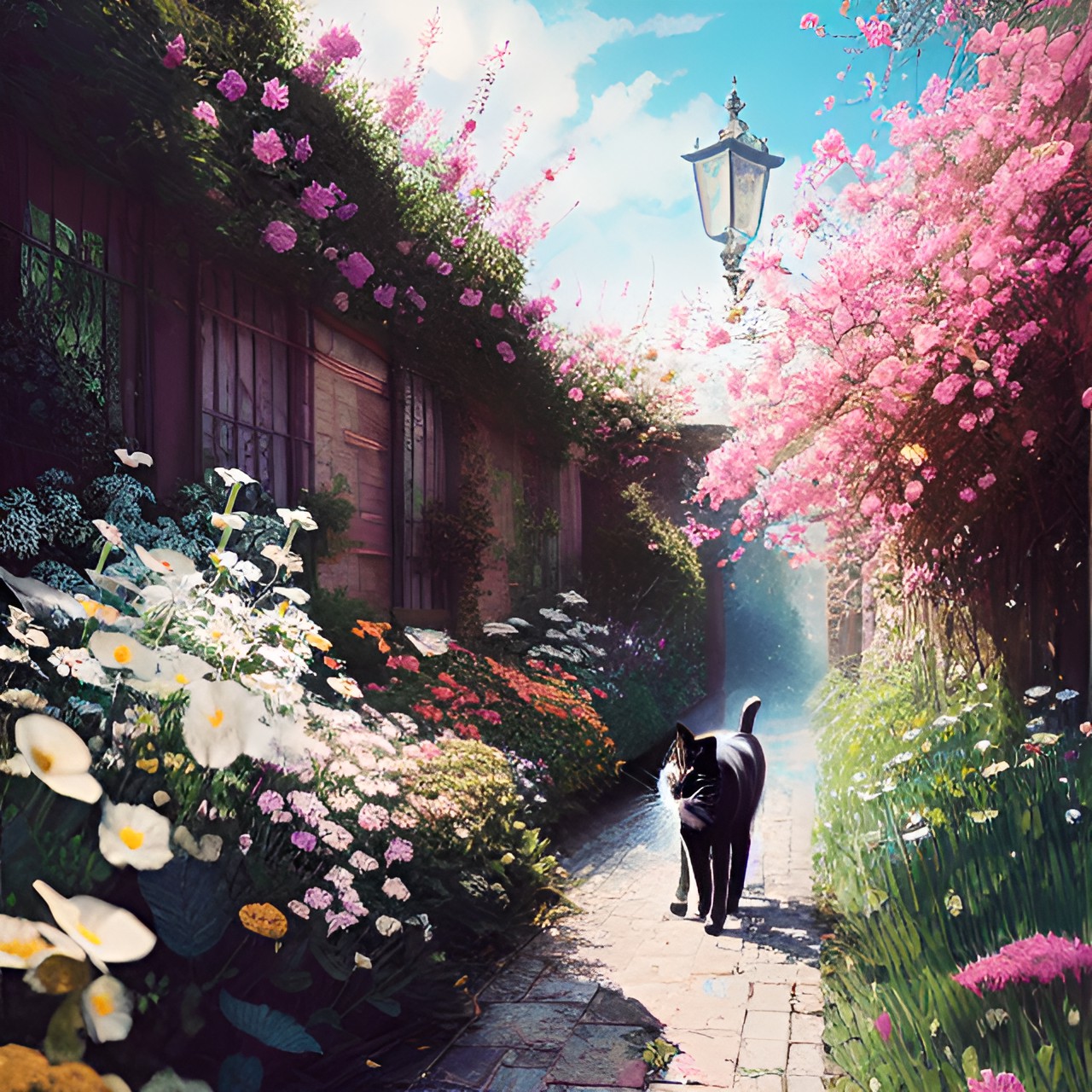 cat walking through a garden of flowers preview