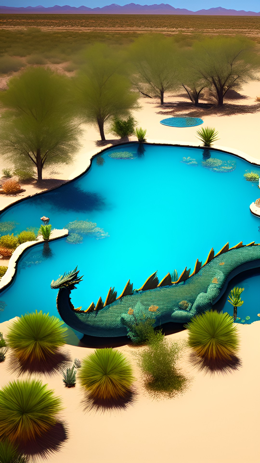 large dragon swimming in a desert oasis pond preview