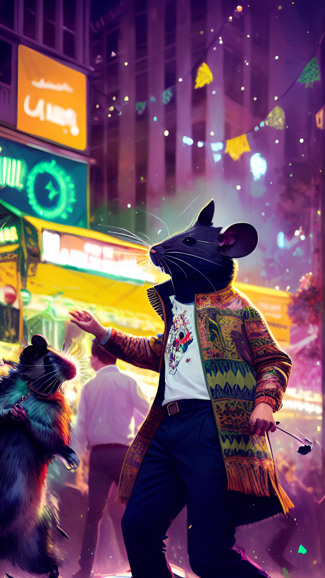 rats dancing at a festival.  - rats in festive attire dancing to lively music at a street festival. the crowd cheers as they show off their best moves. it's a wild and unforgettable scene! preview