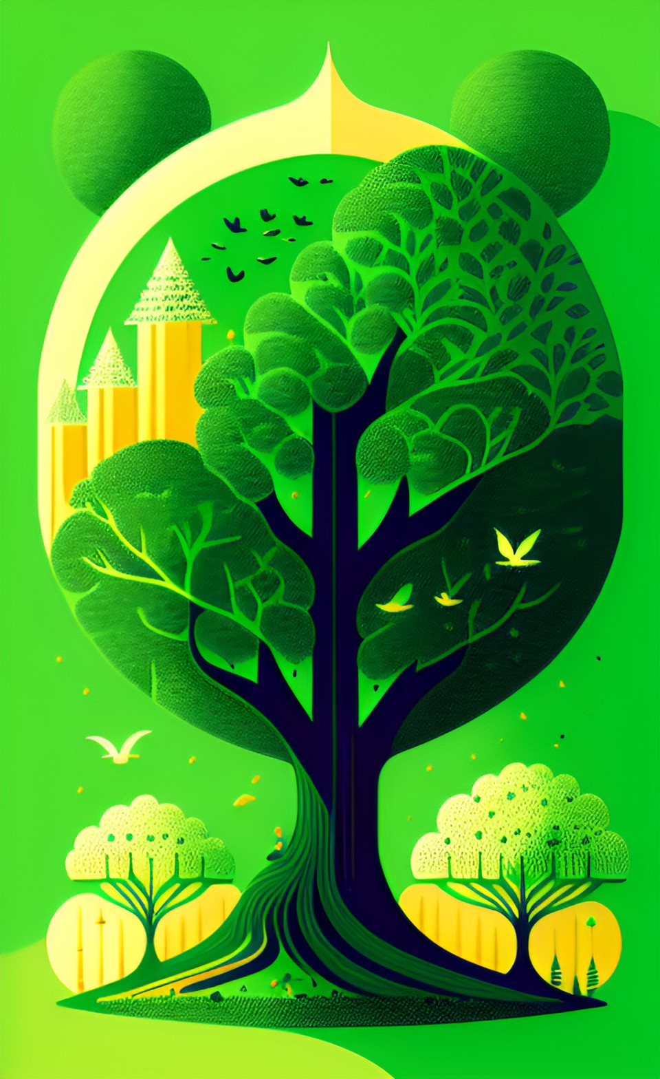 Tree - green tree with birds on it, closeup preview