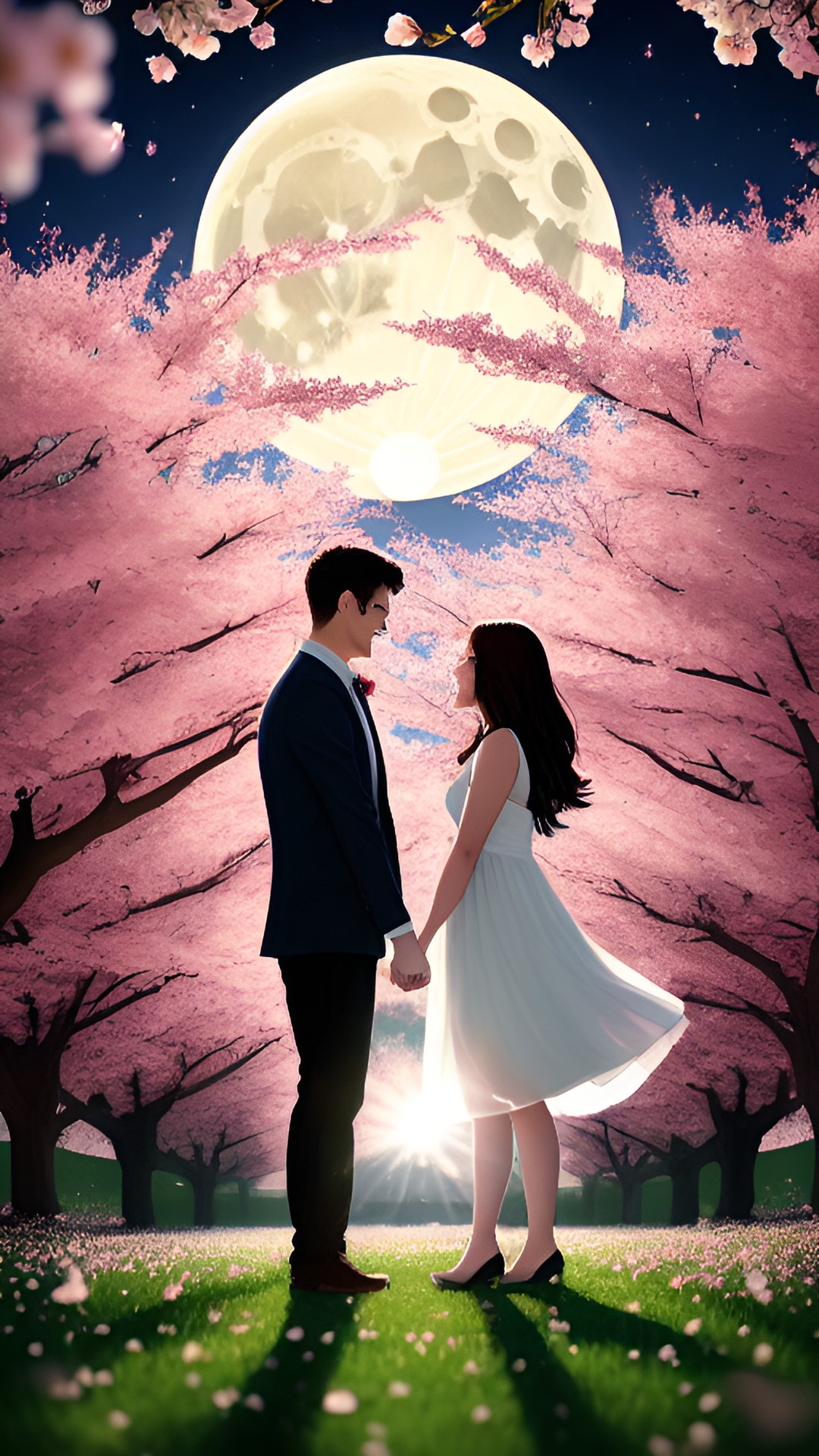 True Love - love - a couple holding hands under a crescent moon, surrounded by a field of blooming cherry blossoms, with a look of pure joy and tenderness on their faces. preview