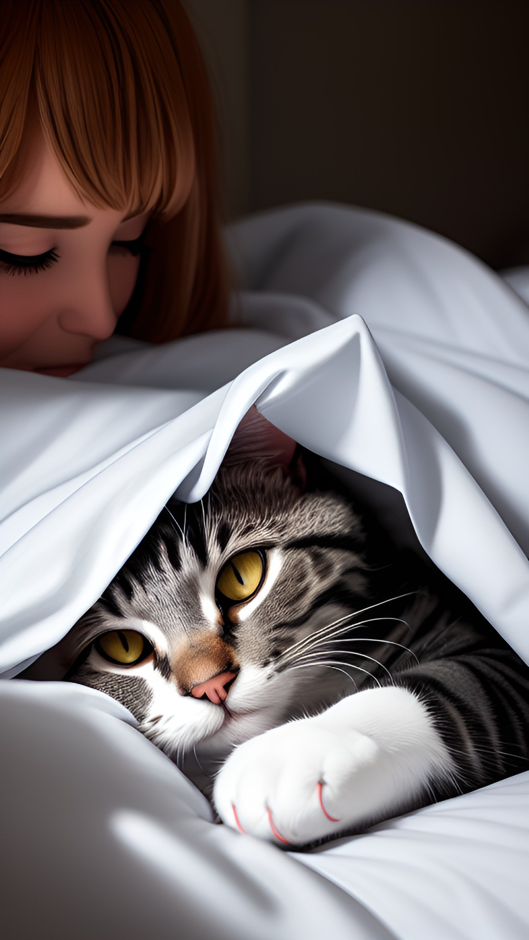 Nala - cat cuddled in bed with owners and white sheets in the dark preview