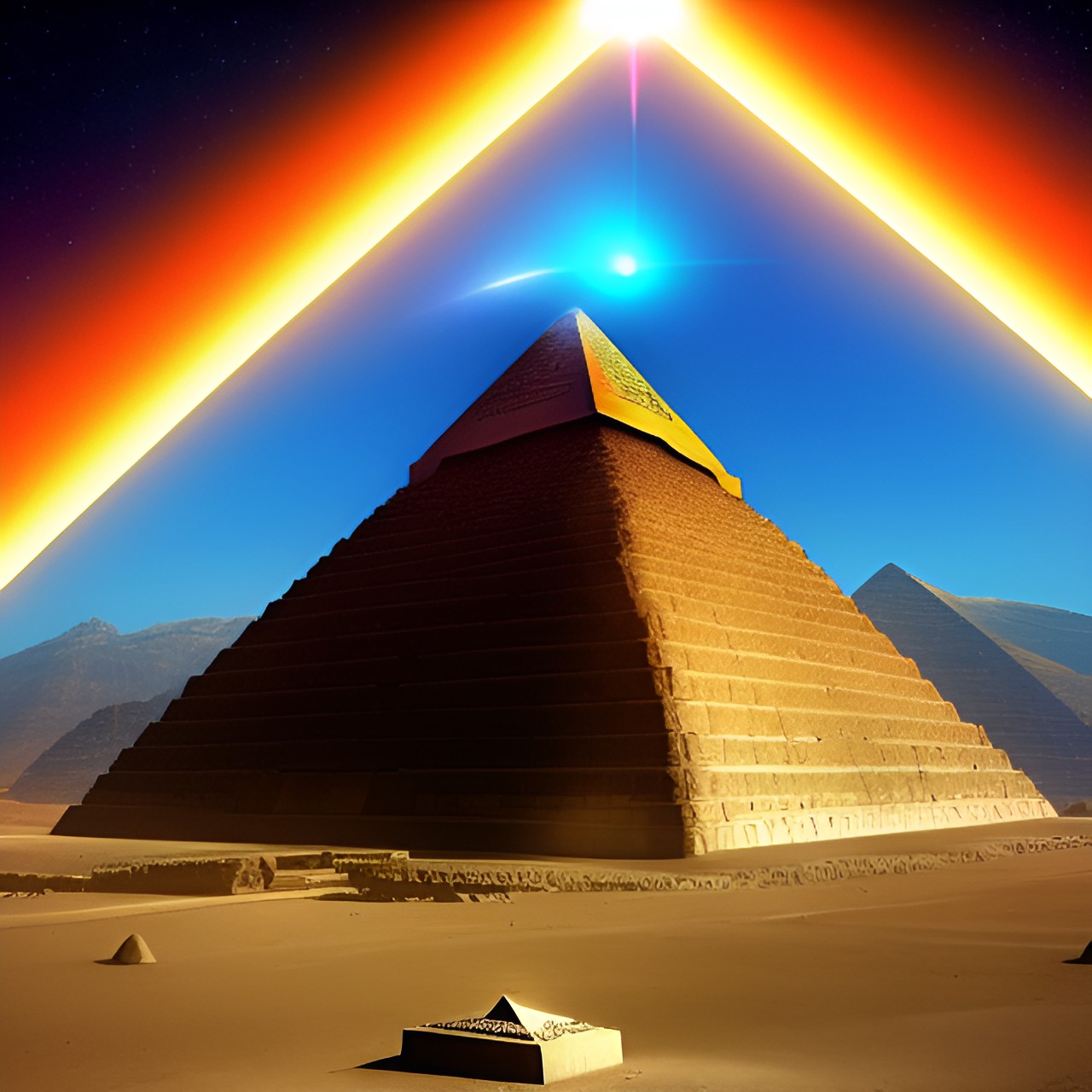 pyramid on ancient earth with beam shooting out the top of the pyramid preview