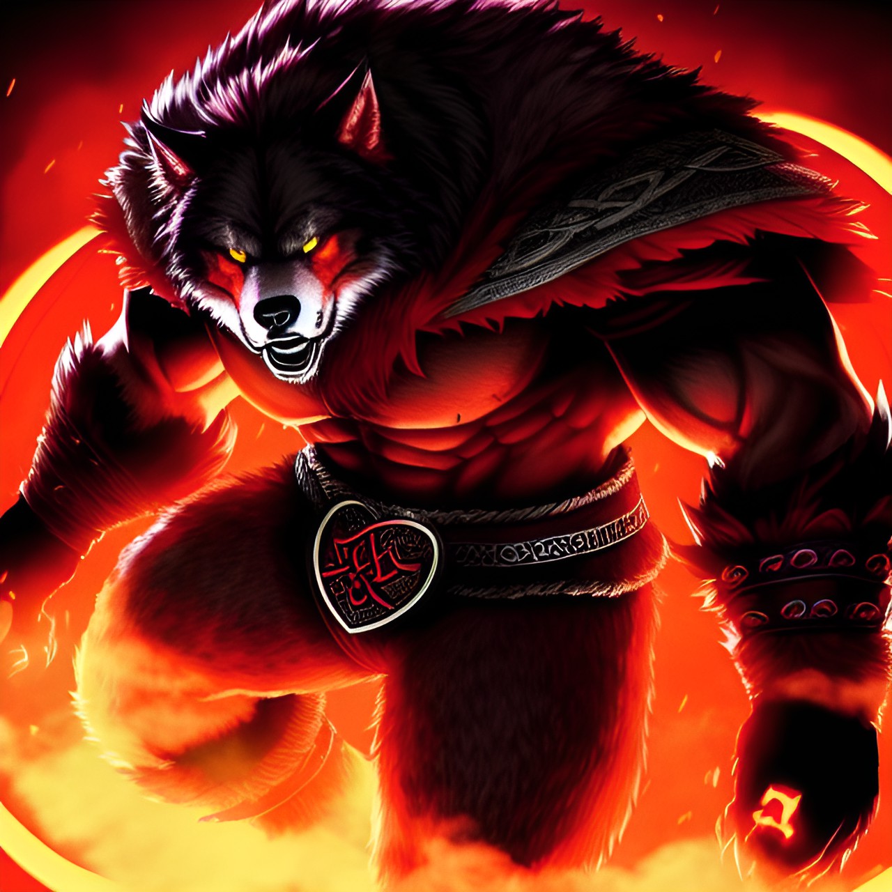 Crimson Wolf - huge muscular werewolf wrestler red_riding_hood cape wolf_head celtic_runes scottish_armor tekken_style heroic preview