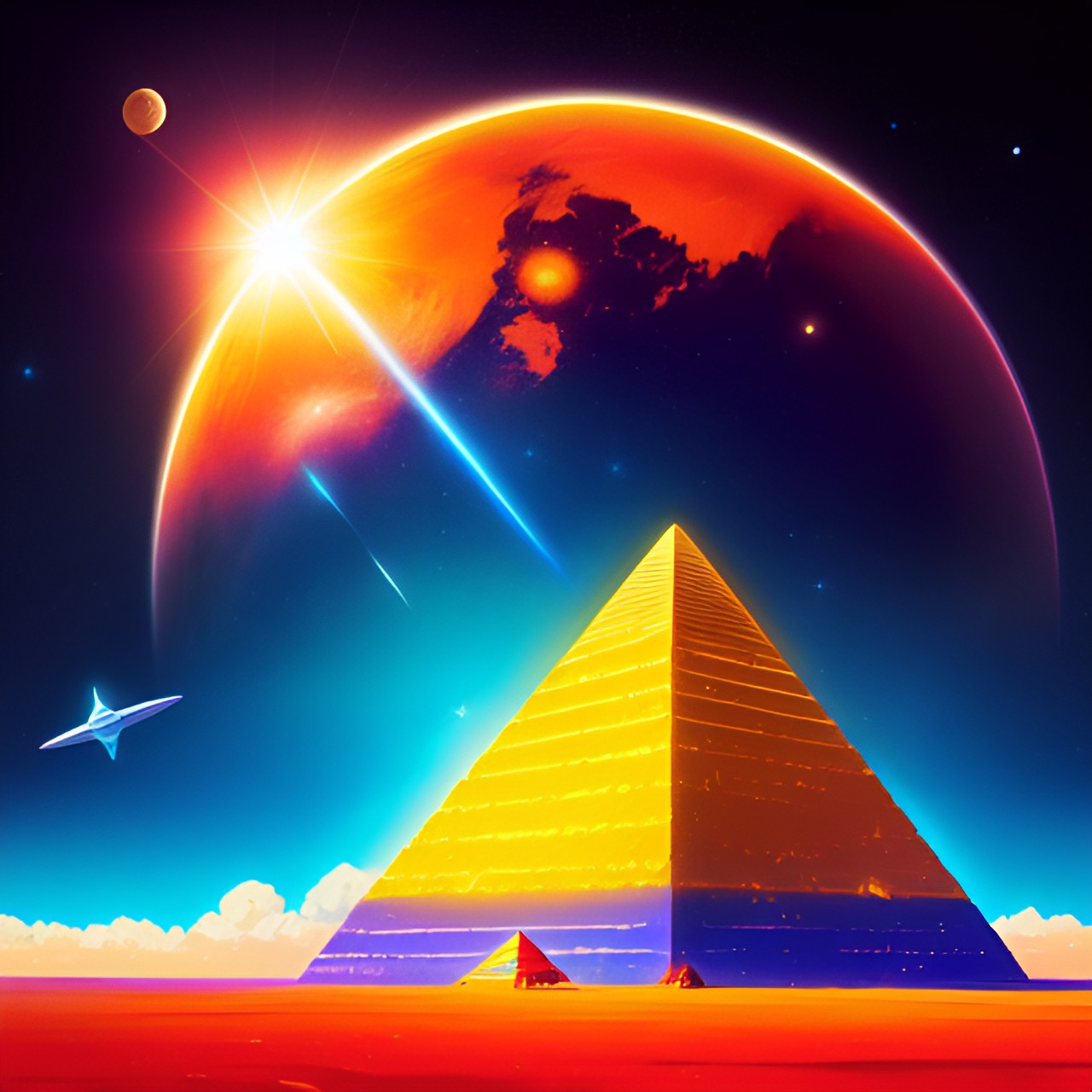 full colour. ufo flying. the sun radiant in the center. a yellow pyramid on the moon.
stars and planets.
ufo's in the sky. preview