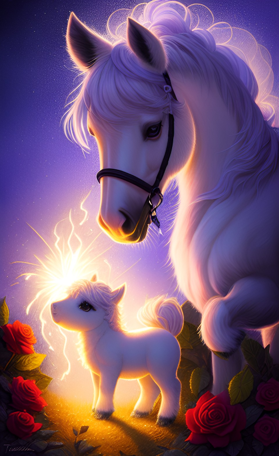 Kis cuki csikó anyukájával - close-up, tiny cute baby pony enchanted character, soft fur, sparks glowing, with roses preview