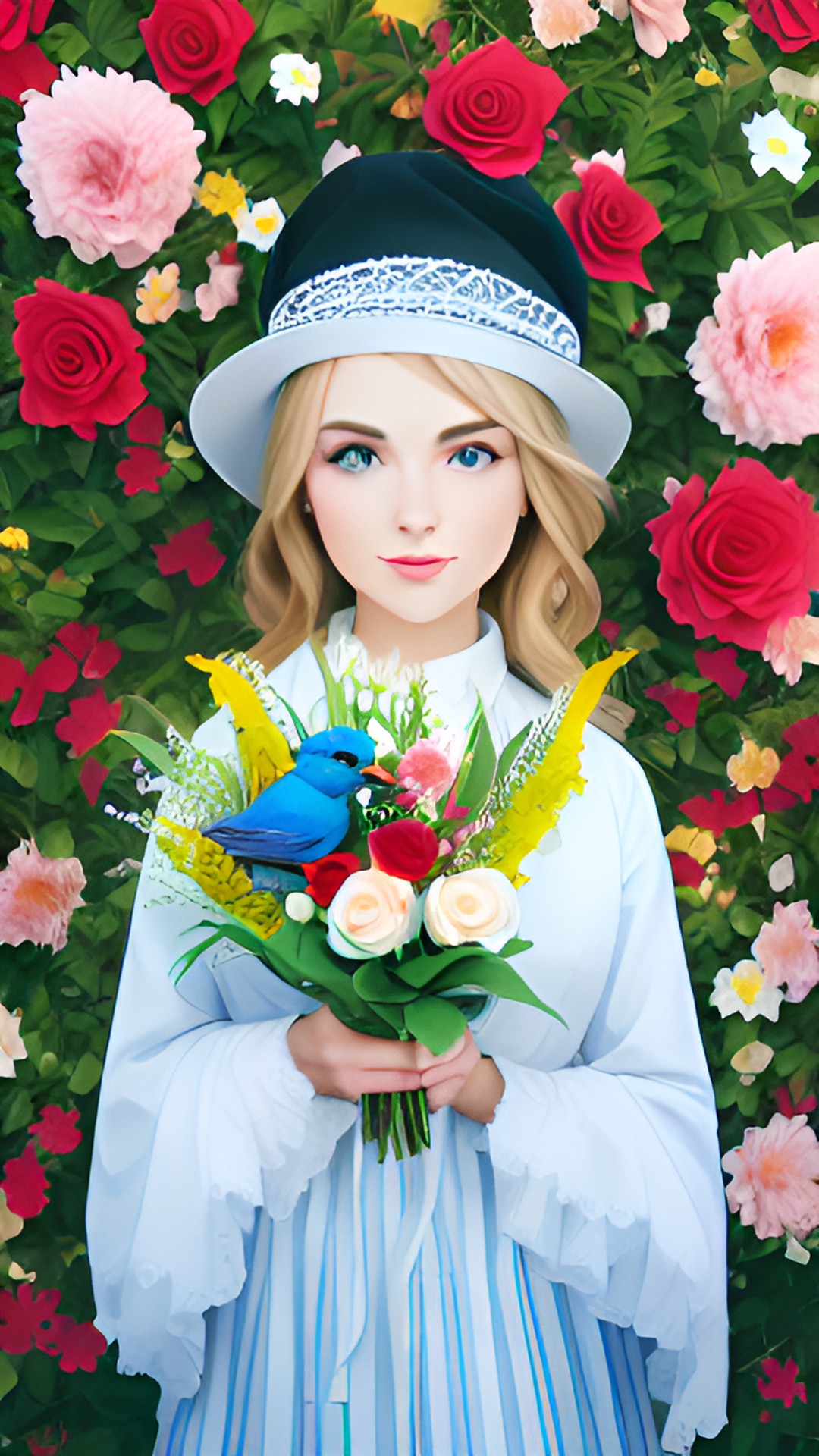 Woman with hat - white woman, hat on the head and flowers on hand, it's bird preview