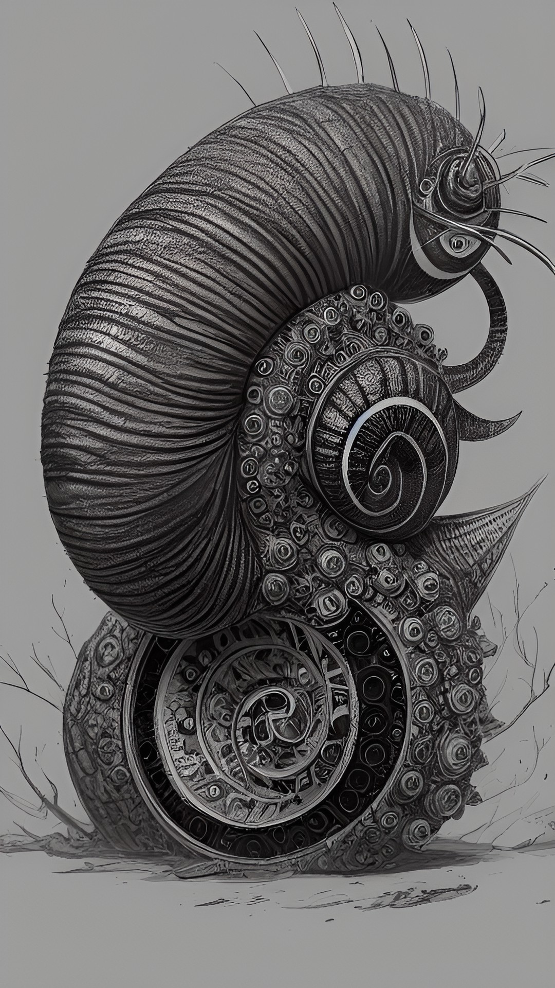 Unthinkable horrors - concept art for a snail monster for a sci-fi series, hd, talented artist, concept art, pencil art, black and white, snail monster preview