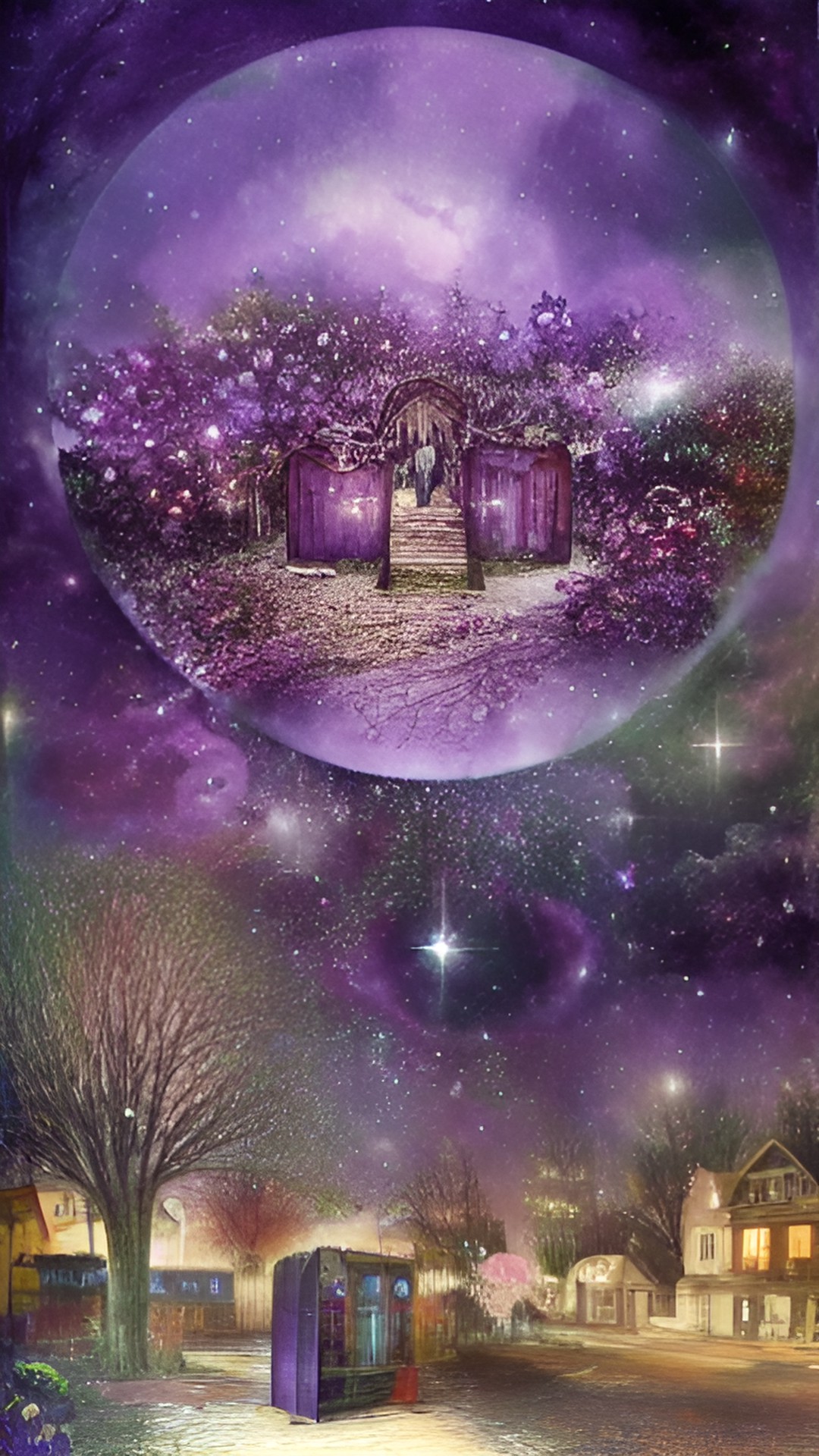 whimsigoth purple collage consisting of: stars, moons and suns with faces, sparkles, wiccan, preview