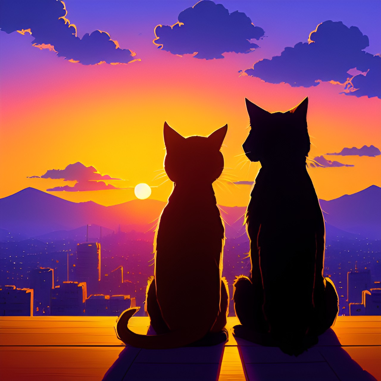 two cats sitting next to each other in front of a sunset preview