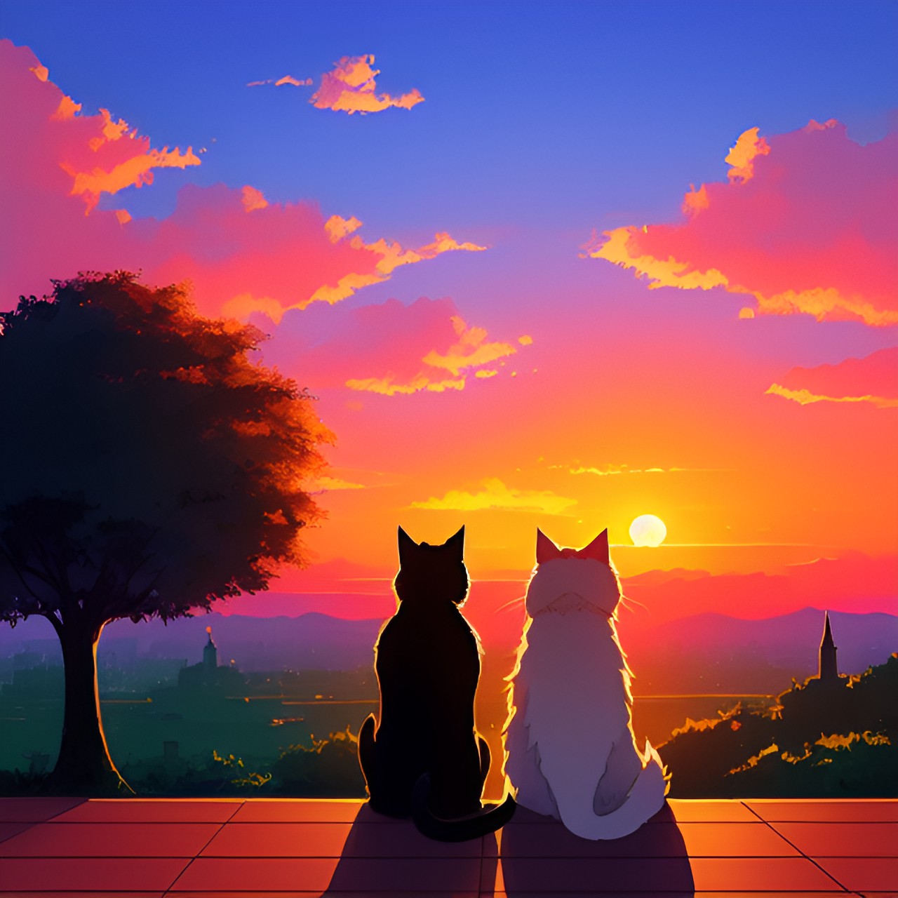 two cats sitting next to each other in front of a sunset preview