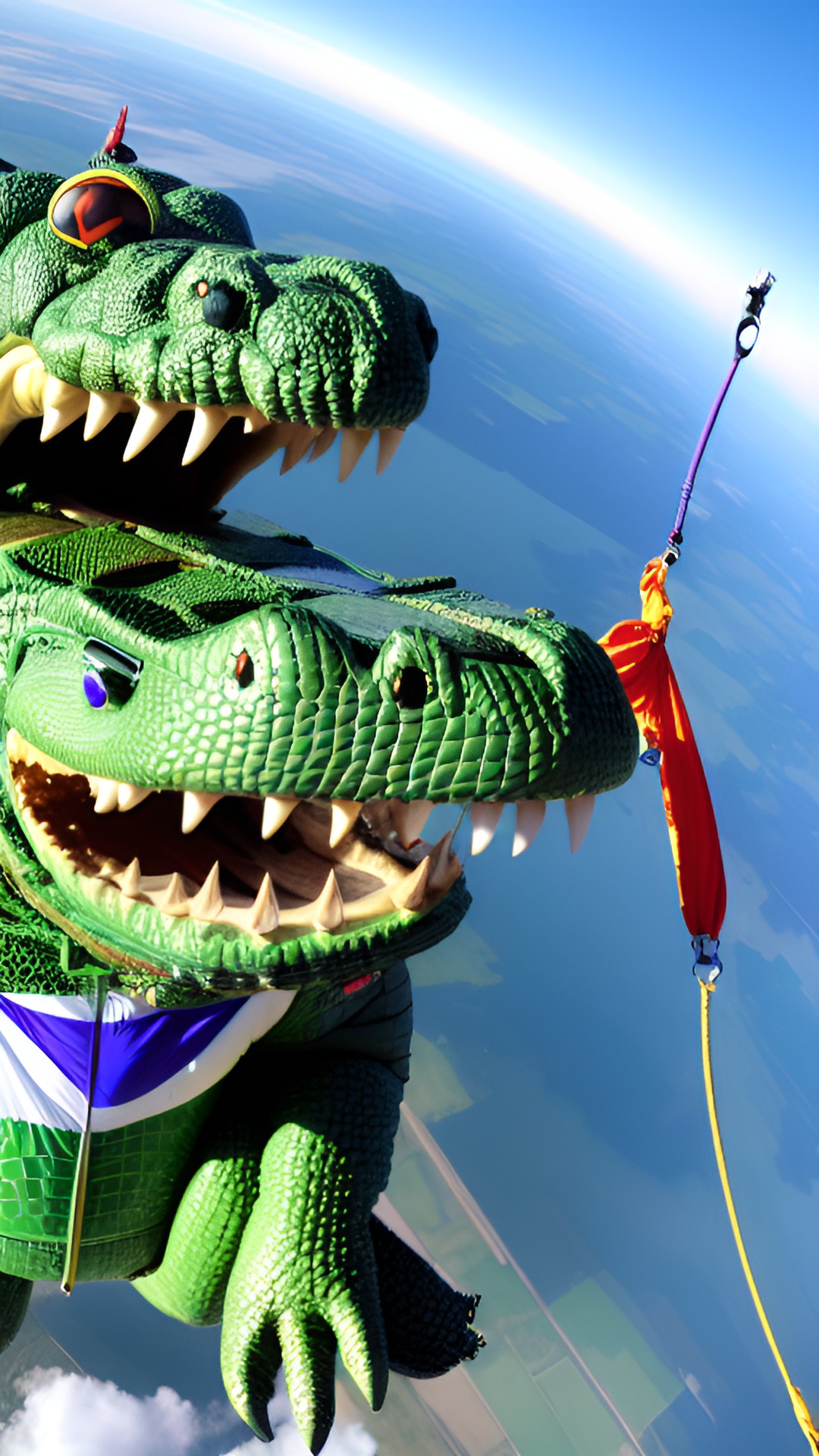 humanoid crocodile wearing a parachute on free fall preview