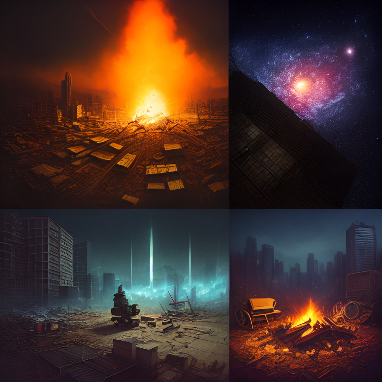 The fire’s alone - deteriorating concrete cityscape, apocalypse, robot machine woman warms herself at campfire, deep field of view preview