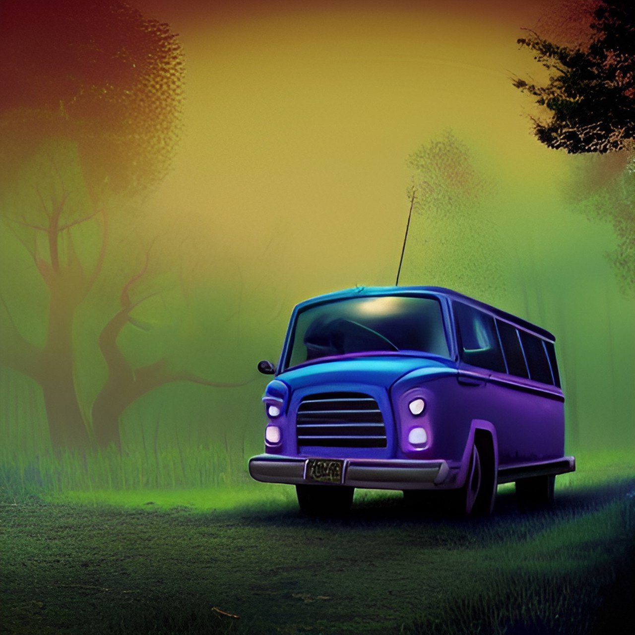 digital caricature , comic book style scooby doo  standing in front of the mystery machine, that's parked in front of a haunted house dark  gloomy preview