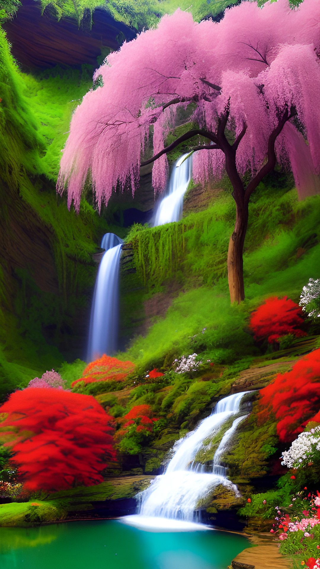 red willow tree inside a lush cave full of flowers and waterfalls preview