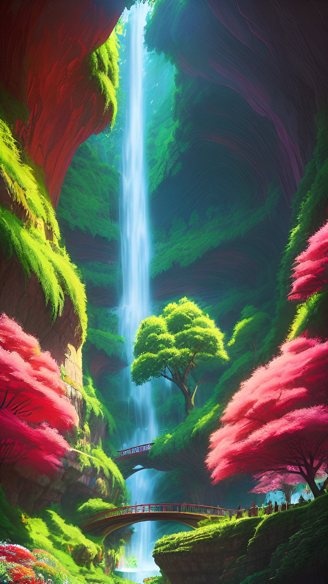 giant red willow tree inside a lush cave full of flowers and waterfalls preview