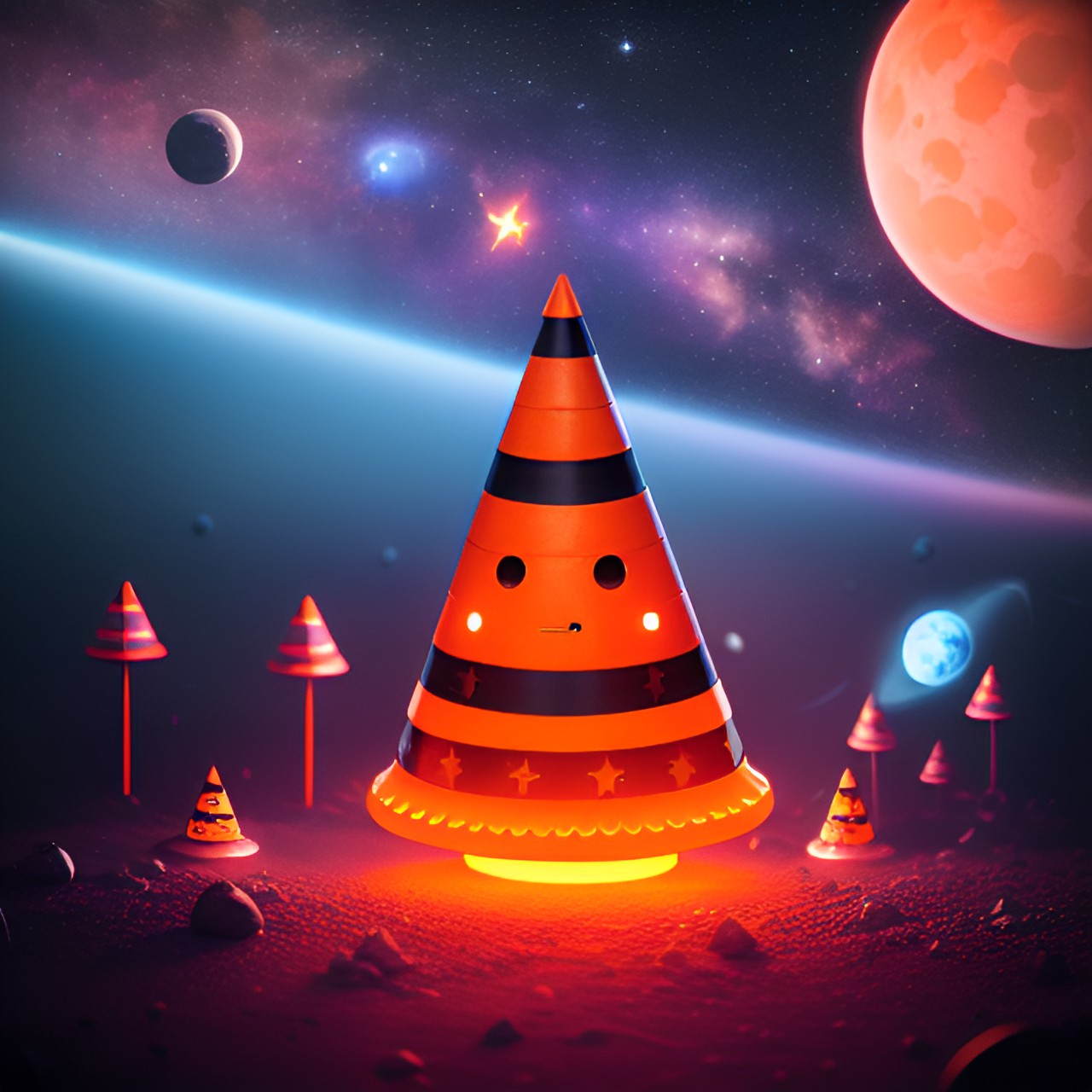 space cone - orange traffic cone space galaxy stars planets ufo  purple planets stars orange cone moon cones moon ufo aliens preview