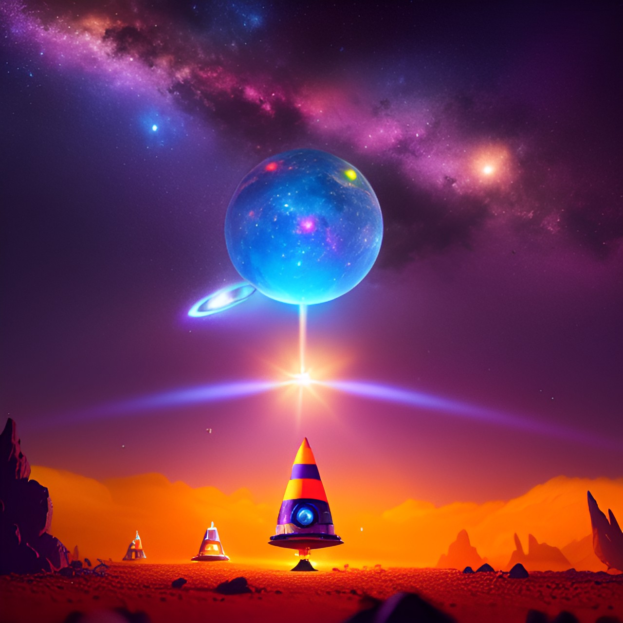 space cone - orange traffic cone space galaxy stars planets ufo  purple ufo spaceships preview