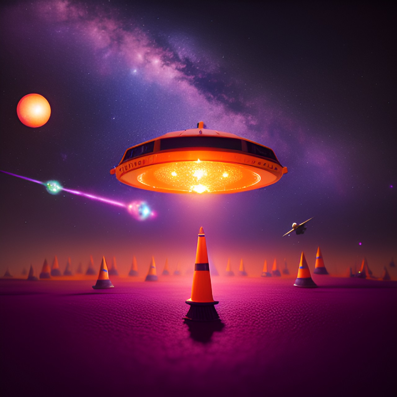 space cone - orange traffic cone space galaxy stars planets ufo  purple spaceships preview