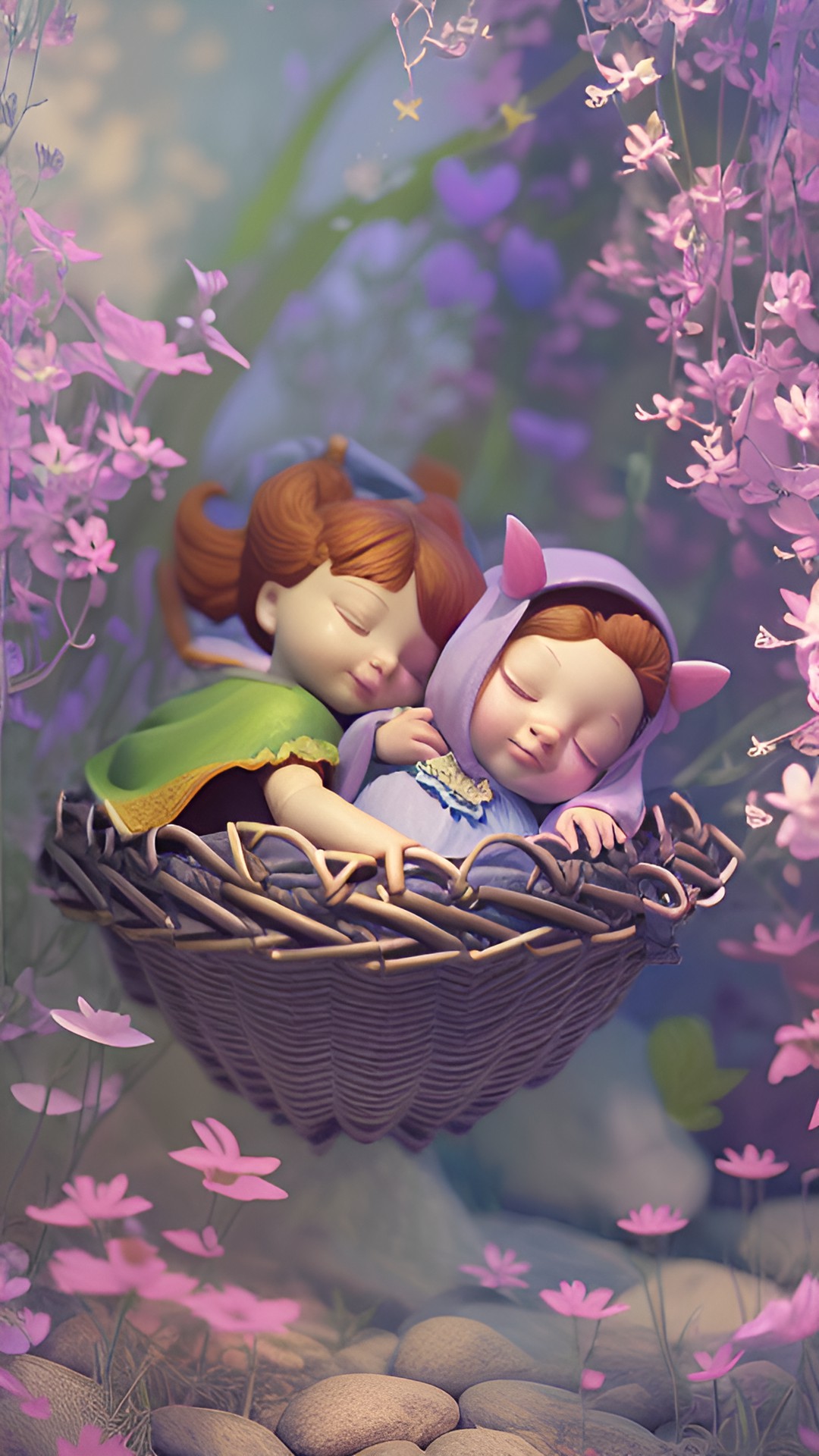 illustration of tiny magical babies napping soundly in a hand basket, fairy tale tom thumb, thumbelina preview