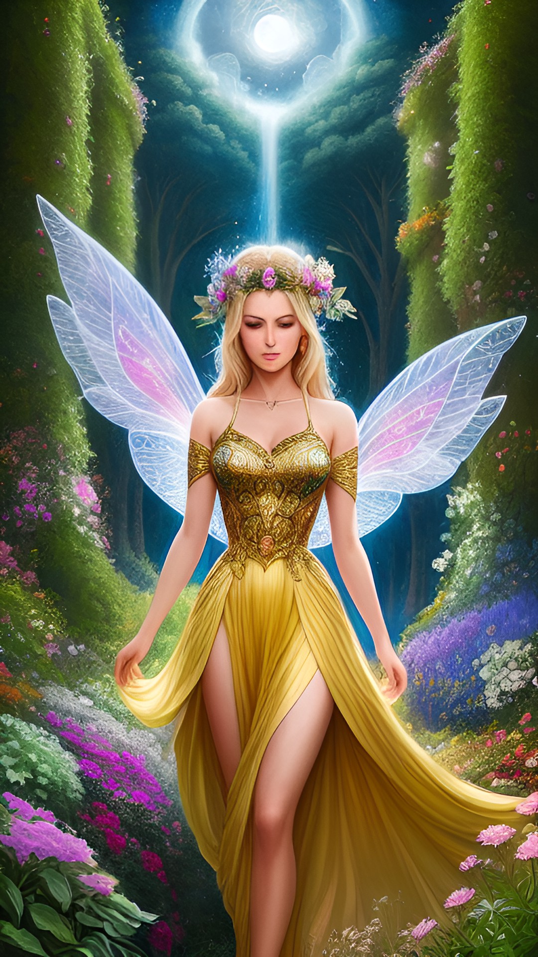 from a distance. goddess fairy woman with amazing wings. she has blonde hair. she is all-glitter fairy. in the amazing flower greek garden in half a day preview