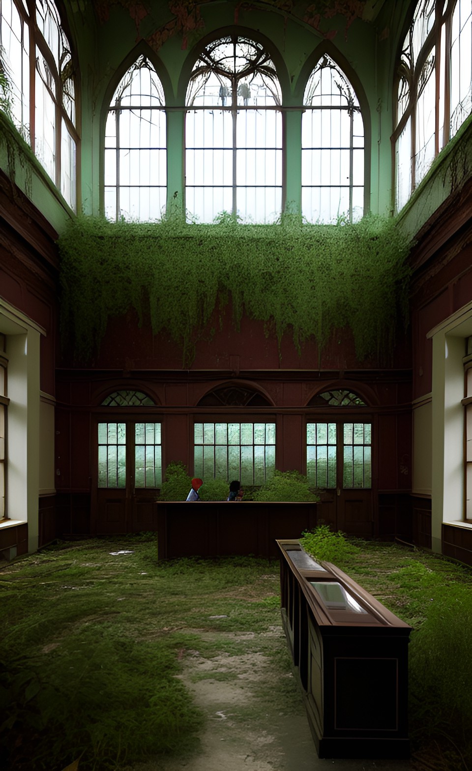 abandoned asylum reception desk, tall windows, overgrown vegetation preview