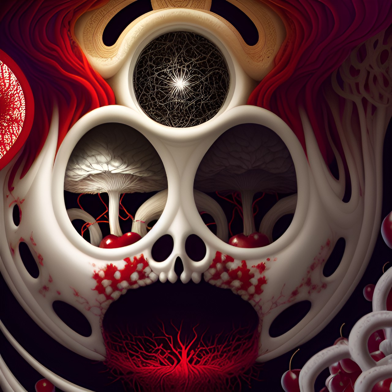 infinite fractals of blood vessels and white mushrooms and cherries preview