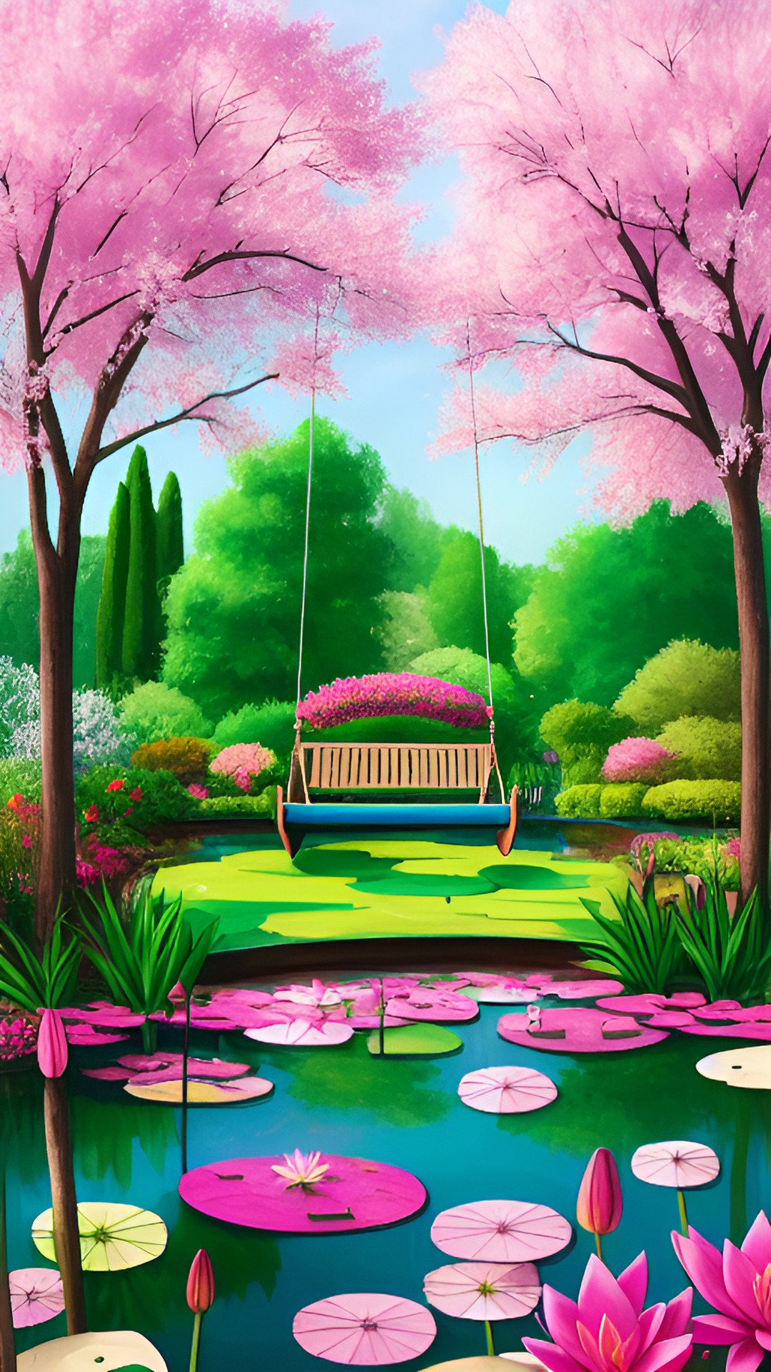 dreamcore - magic garden swing, with pink trees and lily pads in a pond preview