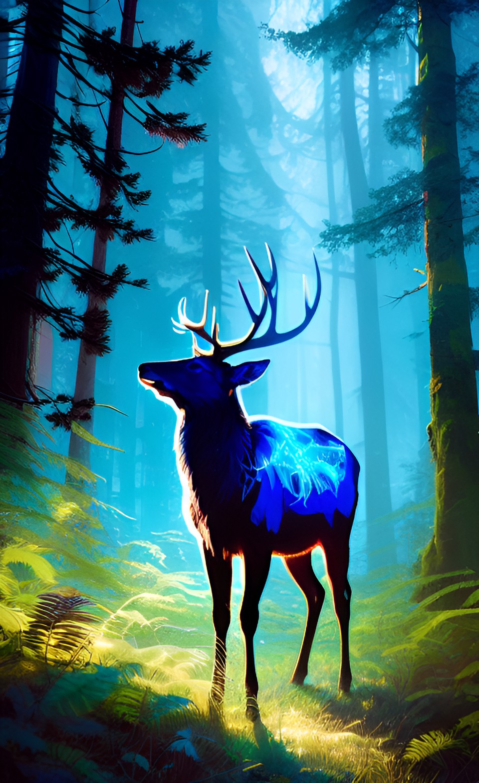 Force of nature - an elk is staying in the magical forest, other forest animals are hiding around him, there is a magical blue glow. preview