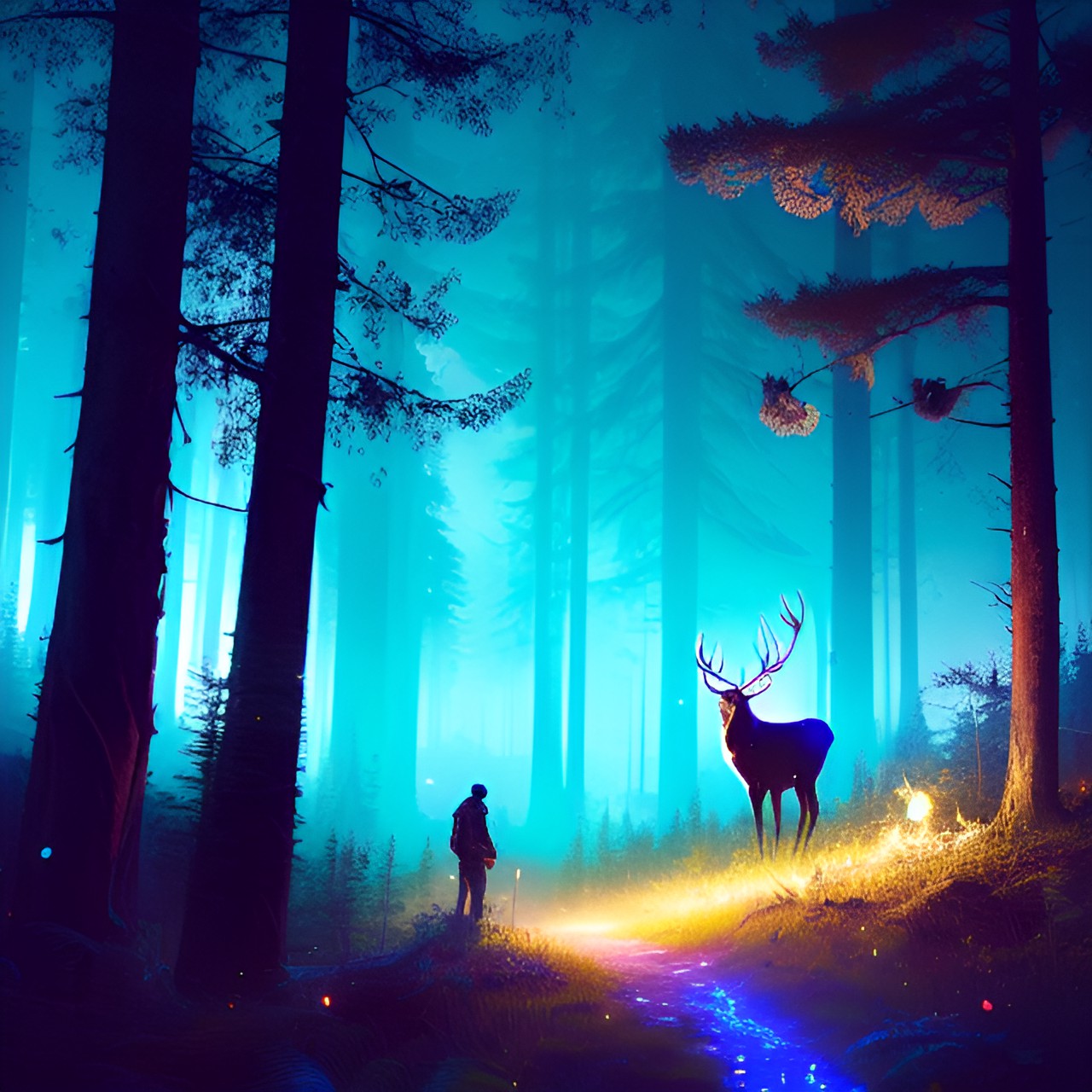 Encounter - an elk is staying in the magical forest, other forest animals like butterflys and birds and fireflies are around him, there is a magical blue glow. there is a ghost light with him in the forest preview