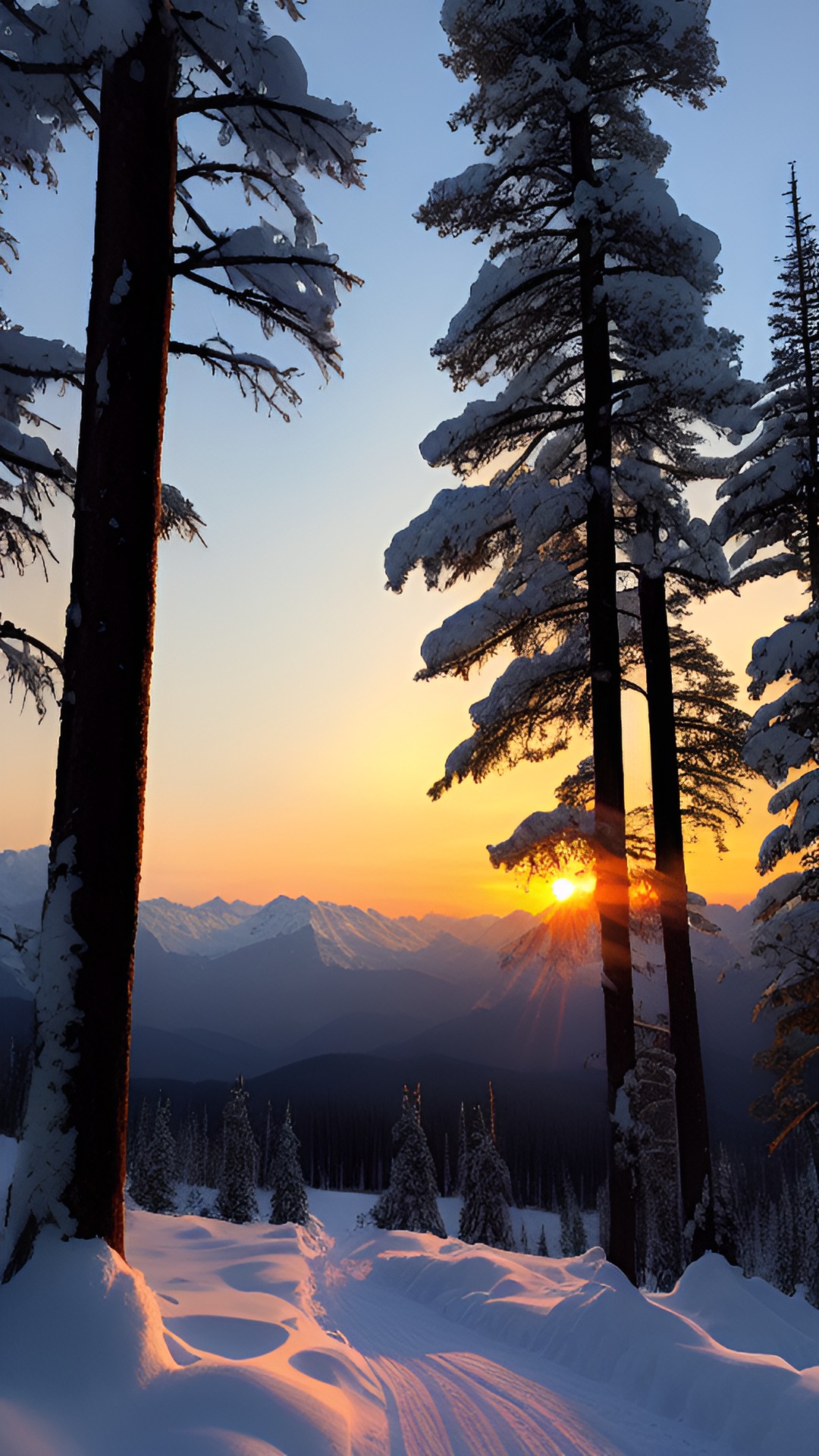 Winter Sunrise - forest with snow mountains and sunrise. preview