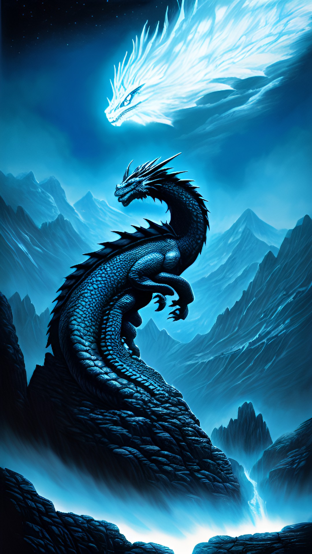 Blue Blitz - dragon on a rocky mountain, with glowing blue eyes, realistic, hd preview