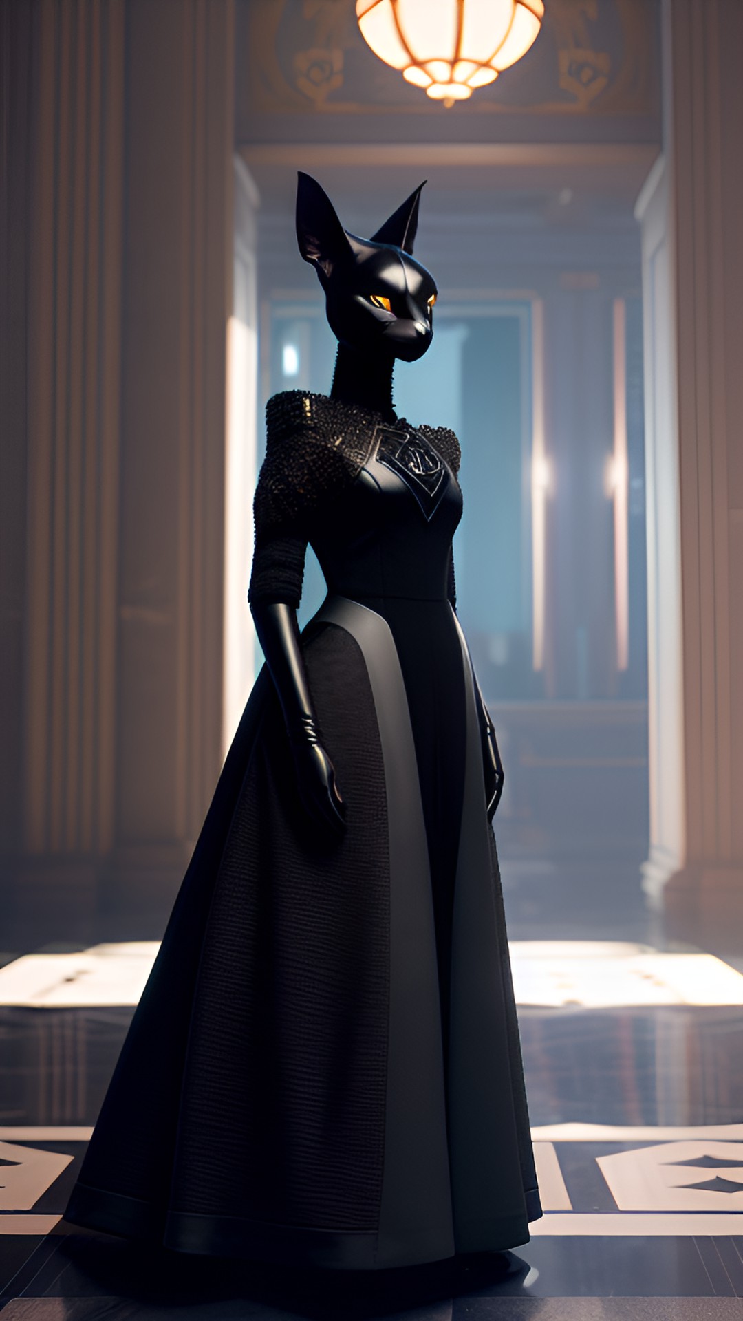 black humanoid cat wearing balenciaga gown. high fashion preview