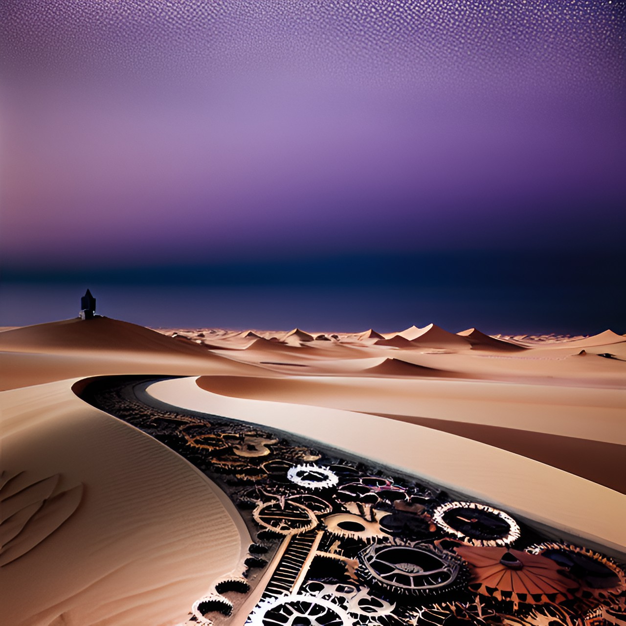 Gears of Time - a surreal desert landscape, where instead of sand, the ground is made of clock gears and timepieces, symbolizing the relentless march of time. preview