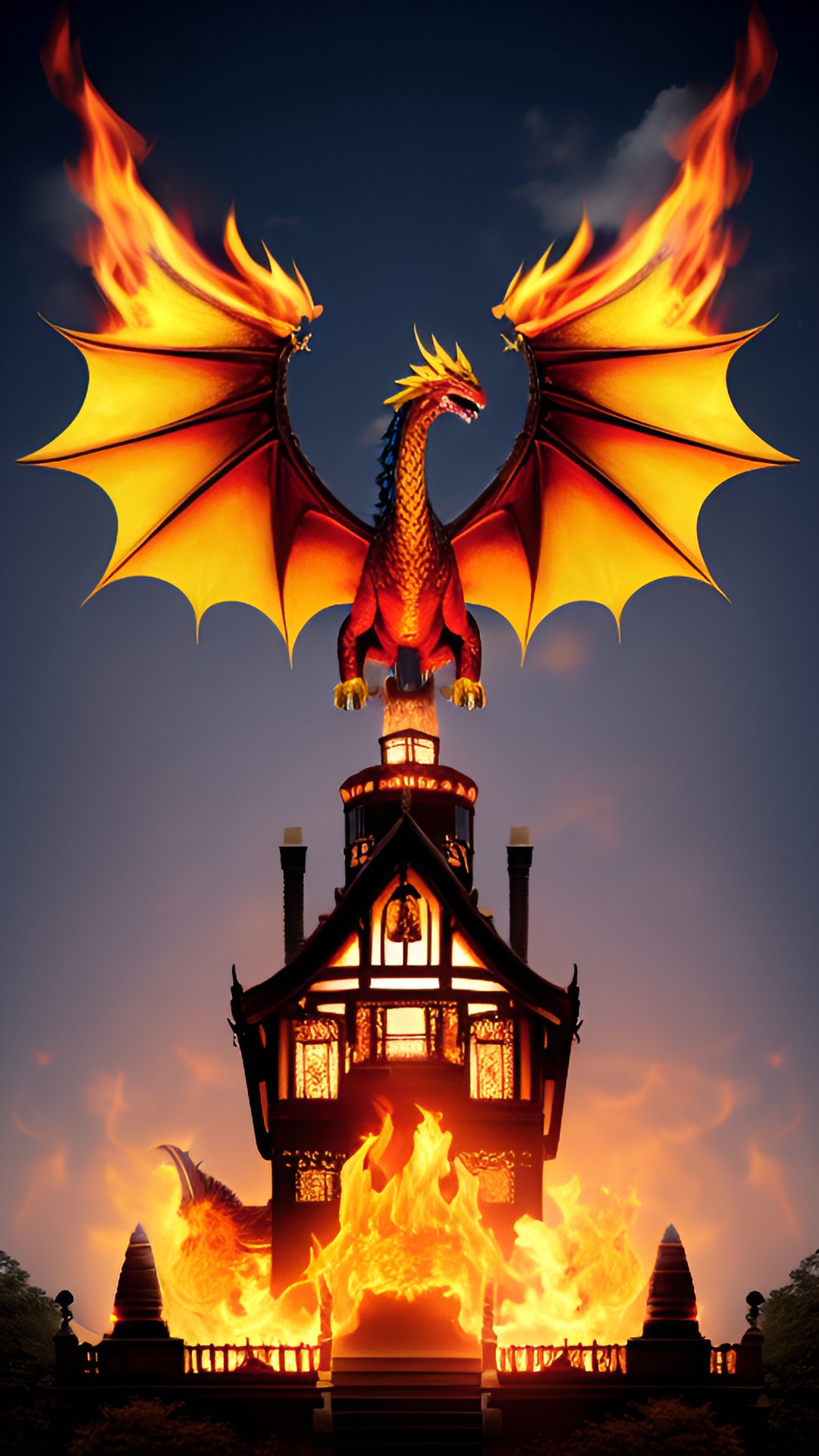 Man of the House - giant dragon of gold and flame standing atop a dark mansion. preview