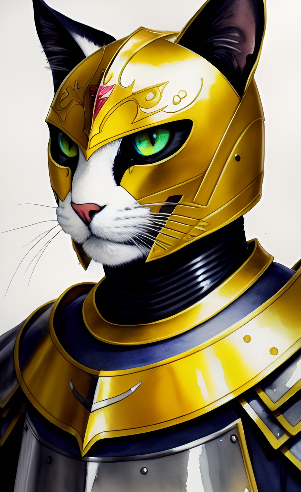 Knight Cat 01 - knight, full armour, cat face, gold, shiny, watercolor preview