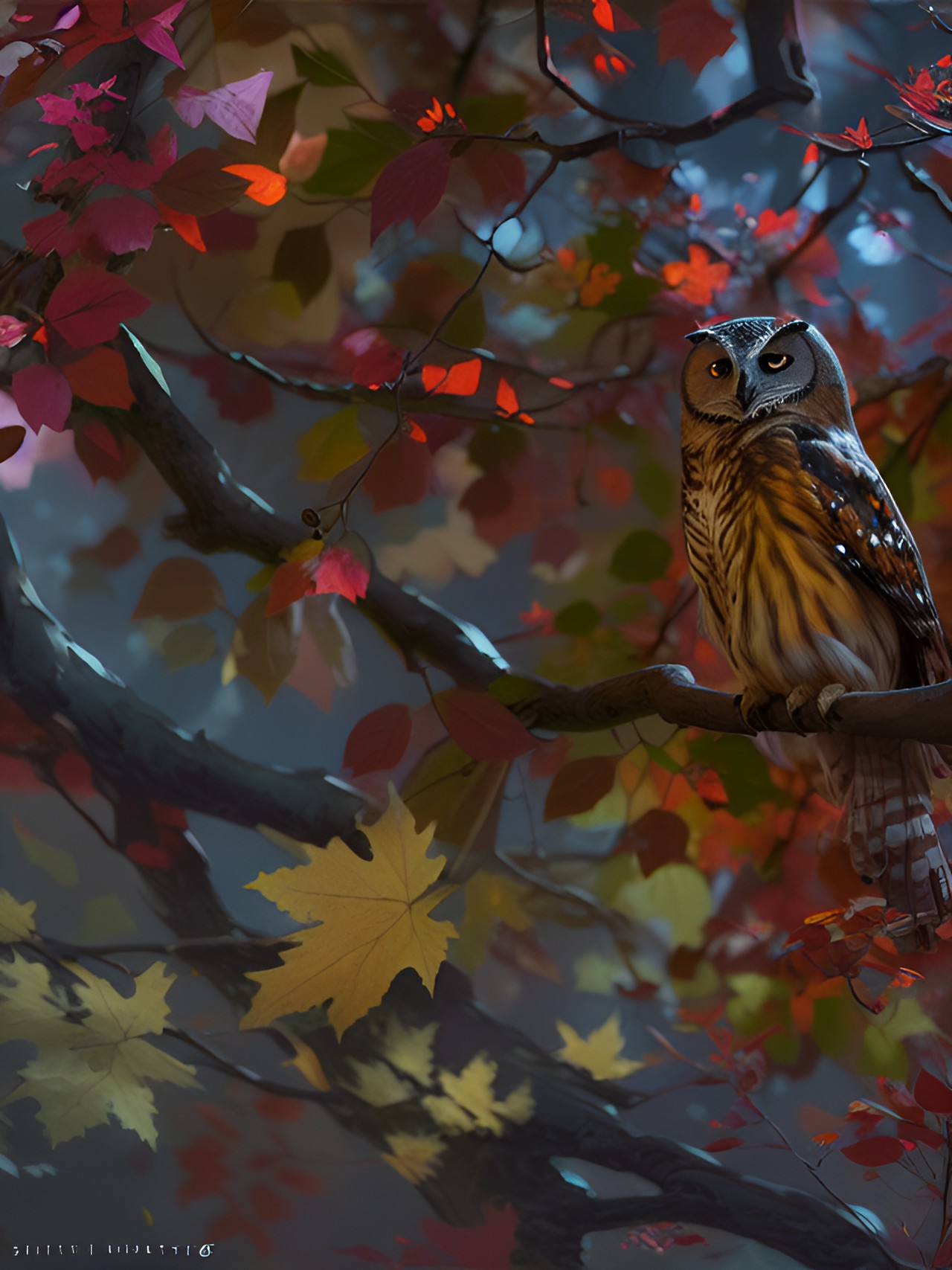 owl roosting; camouflaged in fall foliage preview