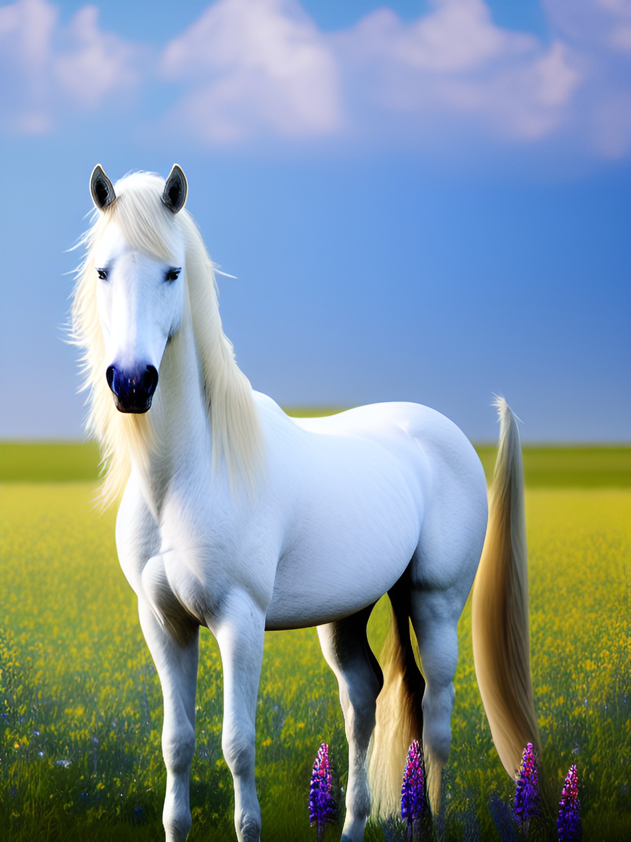 fleur iris - a majestic white horse named fleur iros, standing in a field of wildflowers with a flowing mane and tail in the breeze." preview