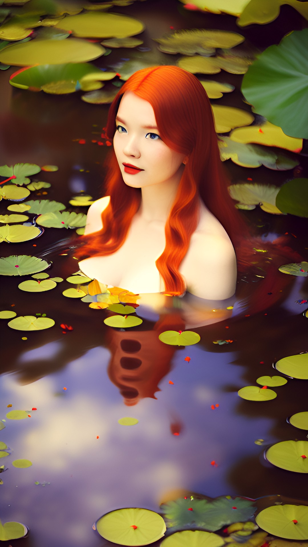 Water Lily - a red-haired woman inside a lake with water lilies, ultra realistic, cinematic light, ultra detailed, 8k, --v 5 preview