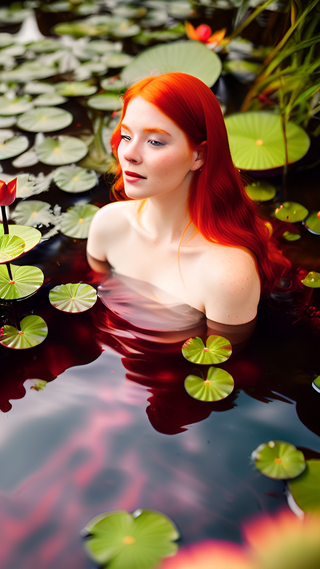 Water Lily 2 - a red-haired woman inside a lake with water lilies, ultra realistic, high definition, cinematic light, ultra detailed, 8k, --v 5 preview