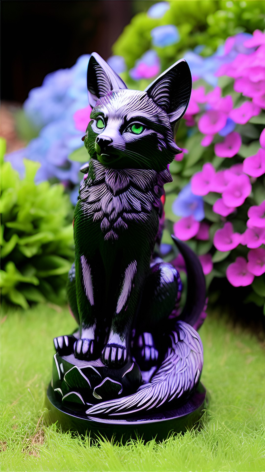 EmeraldOnyxKitsune - obsidian kitsune anime statue in garden preview