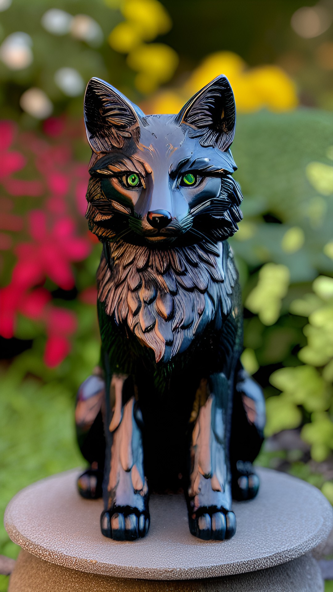 👁️👁️ - obsidian green eyes fox statue in garden preview